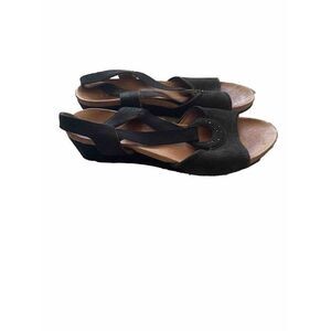 Ara Wedges Low Wedge Heels Black Suede Leather Sandals 7 G Strappy